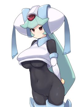 1girl absurdres arms_behind_back black_bodysuit bodysuit breasts cameltoe cowboy_shot forehead_jewel green_eyes green_hair helmet highres large_breasts long_hair mega_man_(series) mega_man_zx model_w_(mega_man) pandora_(mega_man) r_(user_pzzt2437) red_eyes simple_background skin_tight solo white_background white_helmet