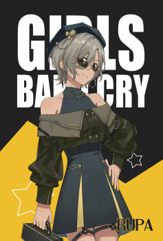 1girl absurdres alternate_costume bag bare_shoulders beret character_name dress earrings girls_band_cry green_eyes grey_hair hand_on_own_hip handbag hat highres holding jacket jewelry looking_at_viewer nail_polish necklace nuoweisenlin_tongren_gongzuoshi off_shoulder rupa_(girls_band_cry) short_hair smile solo sunglasses thigh_strap