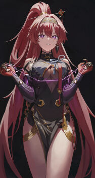 1girl absurdres bare_legs black_bodysuit black_gloves black_shorts bodysuit breast_curtains breasts circle_facial_mark commentary covered_navel cowboy_shot earrings elbow_gloves english_commentary flower_hairpin gloves hair_between_eyes hair_ornament hairpin high_ponytail highres holding holding_string jewelry large_breasts llami_0 long_hair looking_at_viewer pelvic_curtain pointy_ears ponytail purple_eyes purple_pupils red_hair shorts single_earring smile solo string tacet_mark_(wuthering_waves) tassel underboob very_long_hair wuthering_waves yinlin_(wuthering_waves)