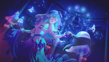 Rule 34 | . ., 1girl, aqua eyes, aqua hair, blue bow, blue dress, blue eyes, blue fire, blue gem, blue theme, bow, bow (music), candy, collarbone, colorful palette, cross-laced clothes, cross-laced shoes, dancing, double-parted bangs, dress, fire, flute, food, frilled sleeves, frills, game cg, gem, ghost, hands up, high-waist dress, highres, hinomori shizuku, holding, holding flute, holding instrument, holding violin, indoors, instrument, juliet sleeves, layered sleeves, long hair, long sleeves, looking at another, mole, mole under mouth, multicolored eyes, music, official alternate costume, official art, open mouth, playing instrument, project sekai, puffy sleeves, see-through clothes, see-through veil, shoes, skirt hold, solo, third-party source, two-tone dress, two-tone eyes, veil, violin, waist bow, wavy hair, white dress, wonderhorror~!? na kimodameshi! (project sekai)