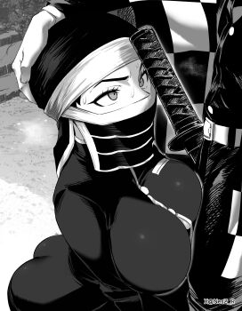 1boy 1girl absurdres belt breasts checkered_haori commentary english_commentary haori highres japanese_clothes kakushi_(kimetsu_no_yaiba) kamado_tanjirou kimetsu_no_yaiba large_breasts mouth_veil nervous_sweating nesz_r outdoors pants sheath sheathed shirt solo_focus star_(symbol) sweat veil