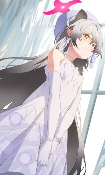 1girl animal_ears bare_shoulders beret blue_archive blush breasts choker dress elbow_gloves eyeliner gloves grey_hair halo hat highres kuu_(user_gngs5284) long_hair looking_at_viewer makeup michiru_(blue_archive) michiru_(dress)_(blue_archive) raccoon_ears raccoon_girl small_breasts solo white_choker white_dress white_gloves white_hat yellow_eyes