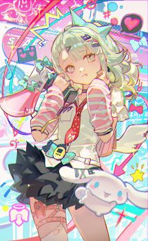 1girl absurdres arm_warmers black_skirt cinnamoroll commentary fuwa_fuwa_cinnamoroll green_hair hands_up highres holding holding_megaphone long_hair looking_at_viewer megaphone mento necktie parted_lips red_necktie sanrio shirt short_sleeves single_thighhigh skirt solo standing striped_arm_warmers sunna_(zenless_zone_zero) tearing_up thighhighs torn_clothes torn_thighhighs white_shirt white_thighhighs white_wings wings zenless_zone_zero