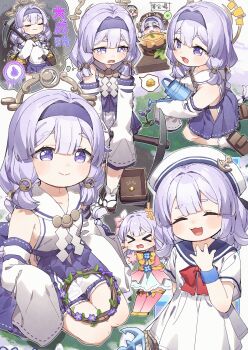 1girl absurdres blue_sailor_collar bow bowtie commentary_request detached_sleeves dress hairband hakama hakama_short_skirt hakama_skirt hat highres holding holding_pickaxe holding_watering_can japanese_clothes kimono long_sleeves medium_hair multiple_views pickaxe purple_eyes purple_hair purple_hairband purple_skirt red_bow red_bowtie ribbon-trimmed_sleeves ribbon_trim sailor_collar sailor_dress sailor_hat skirt sleeveless sleeveless_kimono sleeves_past_fingers sleeves_past_wrists speech_bubble trickcal watering_can white_dress white_hat white_kimono wide_sleeves yomi_(trickcal) yukie_(kusaka_shi)