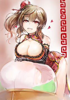 1girl bare_shoulders bent_over black_gloves black_trim breasts brown_background brown_hair character_request china_dress chinese_border chinese_clothes cleavage cleavage_cutout clothing_cutout copyright_request dress elbow_gloves feet_out_of_frame food frills fruit gloves gold_trim hair_between_eyes half-closed_eyes hand_on_own_arm heart large_breasts leaning_on_object long_hair looking_at_viewer loving_aura miyabi_keishirou one_side_up open_mouth peach red_dress red_eyes side_slit sidelocks smile solo white_background