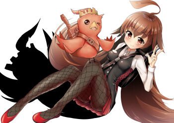 1girl absurdres ahoge backpack bag between_breasts bird black_vest breasts brown_bag brown_eyes brown_hair brown_pantyhose closed_mouth commentary_request creature different_shadow duel_masters fishnet_pantyhose fishnets flute highres huge_ahoge instrument kokko_rupiko long_hair long_sleeves looking_at_viewer pantyhose recorder red_shoes red_skirt shirakawayuusan shirt shoes skirt strap_between_breasts v vest white_background white_shirt