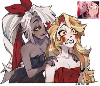 2girls artist_name asymmetrical_bangs bare_shoulders black_nails blonde_hair blush blush_stickers bow breasts brown_eyes brown_hair charlie_morningstar cleavage collarbone colored_sclera dark-skinned_female dark_skin eyepatch fangs grey_hair hair_bow hands_on_another's_shoulders hazbin_hotel hellaverse highres large_breasts lilivae long_hair multicolored_hair multiple_girls nail_polish naked_towel pale_skin red_bow red_eyes simple_background smile teeth towel towel_around_breasts vaggie white_background yellow_sclera yuri