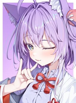 1girl ahoge animal_ear_fluff animal_ears blue_eyes blue_shirt border bow bowtie closed_mouth collared_shirt fingernails fox_ears fox_shadow_puppet ha_en hair_intakes hair_ornament hair_rings hand_up hashtag-only_commentary highres looking_at_viewer one_eye_closed outside_border pom_pom_(clothes) pom_pom_hair_ornament purple_background purple_hair red_bow red_bowtie shirt short_hair_with_long_locks solo stellive tenko_shibuki tongue tongue_out upper_body virtual_youtuber white_border wing_collar yellow_pupils