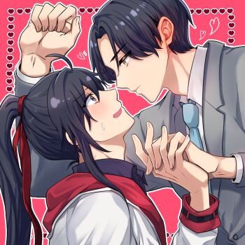 2boys ahoge alternate_costume aslle black_hair black_shirt blazer blue_necktie blush closed_mouth collared_shirt commentary_request contemporary couple ear_blush eye_contact formal_clothes grey_eyes grey_jacket hair_ribbon heart highres holding_hands hood hood_down hoodie interlocked_fingers jacket lan_wangji long_hair long_sleeves looking_at_another male_focus modao_zushi multiple_boys necktie open_mouth outline pink_background ponytail profile purple_eyes red_hoodie red_ribbon ribbon shirt short_hair sidelocks simple_background suit sweatdrop upper_body wei_wuxian white_jacket white_shirt yaoi yellow_eyes