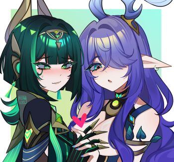 2girls antlers aqua_eyes armlet artist_name bare_shoulders black_gloves black_tank_top blue_background blue_dress blue_nails blunt_bangs blunt_ends blush border breasts bright_pupils cape circlet cleavage commentary crescent crescent_earrings crossed_bangs deer_antlers deer_girl dress earrings english_commentary eyelashes facial_mark fake_claws fingernails from_side genshin_impact gloves gold_armlet gold_choker gradient_background green_background green_cape green_eyes green_hair hair_over_one_eye hand_up headpiece heart highres holding_hands horns jewelry large_breasts lauma_(genshin_impact) leaf long_hair looking_at_another mizah_(mizah) multicolored_eyes multicolored_hair multiple_girls nail_polish nefer_(genshin_impact) open_mouth outside_border pink_eyes pointy_ears purple_hair sidelocks sleeveless sleeveless_dress smile sweatdrop symbol-shaped_pupils tank_top teeth tongue triangle-shaped_pupils two-tone_background two-tone_hair upper_body wavy_hair white_border white_pupils yuri