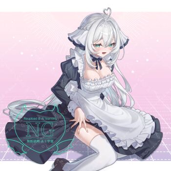 Rule 34 | 1girl, absurdres, ahoge, apron, aqua eyes, black dress, breasts, cleavage, commentary request, commission, detached collar, dress, grey hair, heart, heart ahoge, highres, indie virtual youtuber, jiu (vtuber), large breasts, long hair, long sleeves, maid, maid apron, open mouth, skeb commission, solo, tatata n3b7, thighhighs, thighs, virtual youtuber, watermark, white apron, white thighhighs