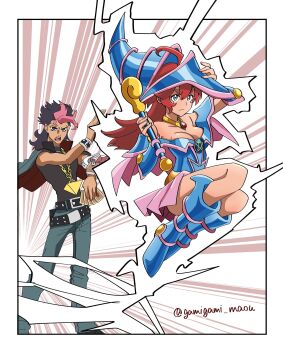 1boy ahoge aqua_eyes black_hair breasts card cleavage collarbone commentary cosplay dark_magician_girl dark_magician_girl_(cosplay) duel_disk duel_monster gamigami_maou_(artist) guel_jeturk gundam gundam_suisei_no_majo hair_down hat highres holding holding_card holding_wand long_hair medium_breasts millennium_puzzle multicolored_hair muto_yugi_(cosplay) muto_yugi parody pink_hair red_hair suletta_mercury summoning thick_eyebrows twitter_username two-tone_hair wand wizard_hat yami_yugi yami_yugi_(cosplay) yu-gi-oh! yu-gi-oh!_duel_monsters
