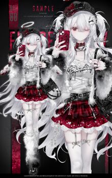 1girl absurdres bag belt black_bag black_belt black_hat black_shoes blood breasts camisole choker commission fashion full_body fur_leg_warmers gothic_punk hair_ornament handbag hat hat_chain highres holding holding_phone jewelry lace lace-trimmed_skirt lace_trim leg_warmers long_hair looking_at_viewer mihuashi_commission nnk_(nongnong) one_eye_closed original phone plaid_clothes plaid_skirt red_choker red_eyes red_nails red_skirt ring shoes skirt small_breasts solo_focus standing text_hair_ornament thighhighs two_side_up watermark white_camisole white_hair white_thighhighs white_wings wing_hair_ornament wings yabi_fashion zipper zoom_layer