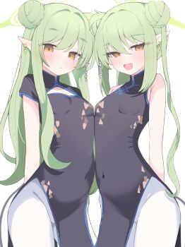 2girls absurdres black_dress blue_archive breasts china_dress chinese_clothes commentary_request double_bun dress green_hair hair_bun halo highres hikari_(blue_archive) long_hair looking_at_viewer multiple_girls nozomi_(blue_archive) nui_(nuinui0300) pantyhose pointy_ears siblings sisters small_breasts translation_request twins variant_set white_background