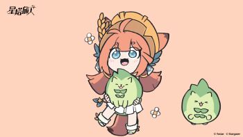 1girl :d animal animated animated_gif ann_(stella_sora) antenna_hair blue_eyes bonnet brown_bonnet chinese_commentary commentary_request copyright_logo copyright_notice dress frilled_dress frills highres holding holding_animal jumping logo looping_animation low_twintails open_mouth orange_background orange_hair smile solo stella_sora twintails white_dress whitydragon