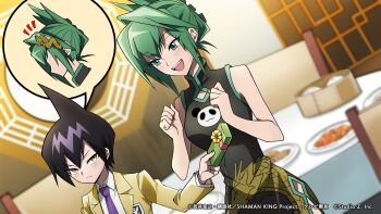 1boy 1girl absurdres animal_print bare_shoulders bear_print black_dress blue_eyes box breasts brother_and_sister china_dress chinese_clothes copyright_name dress embarrassed food gift gift_box green_hair hair_between_eyes hair_ornament happy high_heels highres large_breasts looking_at_another official_art ofuda panda_print purple_hair satohiko_sano shaman_king siblings side_slit size_difference sleeveless sleeveless_dress smile spiked_hair tao_jun tao_ren wide_hips yellow_eyes