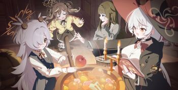 4girls apple black_choker black_jacket black_skirt blue_archive book book_stack bookshelf bow breasts brown_hair choker closed_eyes closed_mouth collared_shirt commentary_request eri_(blue_archive) food fruit hair_ornament halo hand_on_own_cheek hand_on_own_face hat highres holding holding_book jacket jewelry kaerunrun kanoe_(blue_archive) large_breasts long_hair long_sleeves multiple_girls multiple_rings night occult_studies_club_(blue_archive) open_mouth orange_eyes orange_halo pleated_skirt red_bow rena_(blue_archive) ring shirt skirt smile tsumugi_(blue_archive) very_long_hair white_hair white_shirt witch_hat yellow_jacket