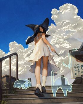 1girl artist_logo banister black_hair black_hat black_shoes blue_sky building cat cat_symbol cloud cloudy_sky dated dress facing_away from_behind from_below full_body ghost hat hat_ribbon highres holding holding_wand logo long_hair on_stairs original outdoors profile ribbon shoes sign simz sky smokestack socks solo stairs standing sundress wand weeds white_dress white_socks witch witch_hat
