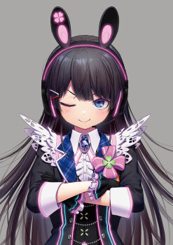1girl ;t animal_ear_headphones animal_ears black_gloves black_hair black_jacket black_vest blue_eyes blush center_frills closed_mouth clover collared_shirt commentary_request crossed_arms dress_shirt fake_animal_ears female_focus four-leaf_clover frills gloves glowing grey_background hair_ornament hairclip headphones headset highres jacket kath lapels long_hair looking_at_viewer neon_trim nijisanji one_eye_closed plaid_clothes plaid_lapels rabbit_ear_headphones rabbit_ears shirt simple_background smile solo tsukino_mito tsukino_mito_(moon!!) upper_body v-shaped_eyebrows very_long_hair vest virtual_youtuber white_shirt
