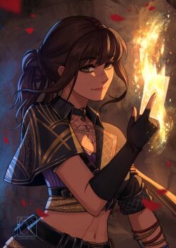 1girl artist_name black_gloves brown_eyes brown_hair caminukai card clair_obscur:_expedition_33 commentary english_commentary fingerless_gloves freckles gloves highres holding holding_card lips long_hair midriff mole mole_above_mouth navel petals pink_lips ponytail scar scar_on_face scar_on_stomach sciel_(clair_obscur:_expedition_33) smile solo