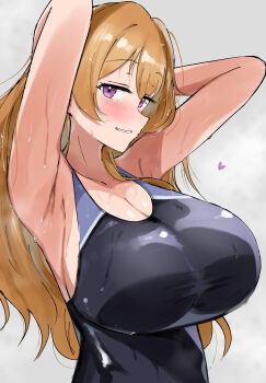 absurdres armpits arms_up black_one-piece_swimsuit blush breasts brown_hair cleavage collarbone commentary_request grey_background grin hair_between_eyes heart highres konoe_kanata large_breasts long_hair looking_at_viewer love_live! love_live!_nijigasaki_high_school_idol_club one-piece_swimsuit presenting_armpit purple_eyes school_swimsuit sidelocks smile standing steam swimsuit syoma_(1026syoma) taut_clothes taut_swimsuit upper_body wet