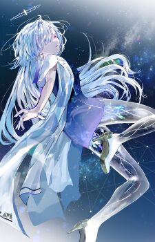 1girl colored_eyelashes commentary dress dynamic_pose earrings foot_out_of_frame from_side guest_art hagimorijia hair_ornament hair_over_one_eye halo high_heels highres jellyfish_cut jewelry light_particles long_hair looking_at_viewer microdress midair mornye_(wuthering_waves) multiple_rings one_eye_covered parted_lips purple_dress red_eyes ring ring_on_every_finger see-through_body side_slit sideways_glance solo star_(sky) starry_sky_background triangle_earrings triangle_hair_ornament very_long_hair white_eyelashes white_hair wuthering_waves