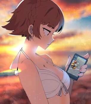 1girl absurdres beedrill bikini braid breasts brown_hair cellphone cleavage crown_braid day from_side gen_1_pokemon gjh highres looking_at_phone medium_breasts meme niijima_makoto nintendo outdoors persona persona_5 phone pokemon pokemon_stadium red_eyes short_hair smartphone solo strap_gap string_shot_(pokemon) sunset swimsuit upper_body white_bikini