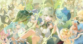 6+boys 6+girls :d absurdres ahoge alhaitham_(genshin_impact) aqua_eyes aqua_hair aranara_(genshin_impact) bare_shoulders blanco_nagi blonde_hair bloomers blue_hood bracelet candace_(genshin_impact) chinese_commentary collei_(genshin_impact) commentary_request cyno_(genshin_impact) day dehya_(genshin_impact) detached_sleeves dori_(genshin_impact) dress fake_horns faruzan_(genshin_impact) finger_to_mouth flower flower_wreath foot_out_of_frame genshin_impact gold_trim gradient_hair green_eyes green_hair green_sleeves grey_hair hair_between_eyes hair_ornament head_wreath highres holding holding_wreath hood hood_up horns jewelry kaveh_(genshin_impact) layla_(genshin_impact) leaf_hair_ornament long_hair looking_at_another lumine_(genshin_impact) multicolored_hair multiple_boys multiple_girls nahida_(genshin_impact) nilou_(genshin_impact) on_swing open_mouth outdoors outstretched_arm parted_lips pink_hair pointy_ears red_eyes red_flower red_hair scaramouche_(genshin_impact) sethos_(genshin_impact) short_hair_with_long_locks short_twintails side_ponytail sitting sleeveless sleeveless_dress smile star-shaped_pupils star_(symbol) stirrup_legwear streaked_hair swing symbol-shaped_pupils teeth tighnari_(genshin_impact) toeless_legwear toes triangle-shaped_pupils twintails underwear upper_teeth_only veil very_long_hair wanderer_(genshin_impact) white_bloomers white_dress white_flower white_hair white_veil yellow_flower