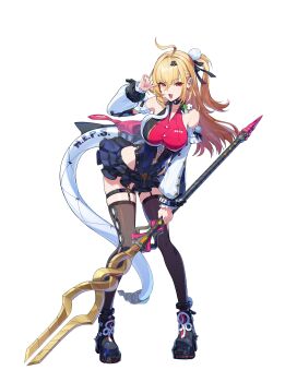 Rule 34 | 1girl, absurdres, bad source, bare shoulders, black ribbon, black thighhighs, blonde hair, boots, breasts, chalky (zenless zone zero), cissia (zenless zone zero), detached sleeves, fangs, full body, hair bobbles, hair ornament, hair ribbon, highres, large breasts, leaning forward, leotard, long hair, long sleeves, looking at viewer, microskirt, official art, one side up, pink nails, polearm, red eyes, ribbon, side ponytail, simple background, skirt, snake tail, solo, spear, standing, tail, thigh strap, thighhighs, transparent background, weapon, zenless zone zero