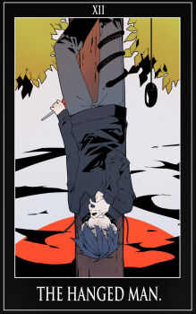 1boy card_(medium) commentary computer_mouse english_text hanging highres holding holding_scissors hood hoodie kagerou_project kisaragi_shintarou male_focus mazumaro red_eyes roman_numeral scissors snake solo tarot tarot_(medium) text_focus the_hanged_man_(tarot) tree upside-down