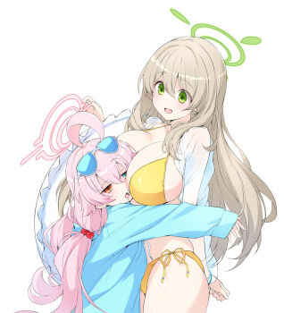 2girls :d ahoge between_breasts bikini blue_archive blue_eyes blue_hoodie breasts brown_hair commentary_request explosive eyewear_on_head face_between_breasts grenade halo head_between_breasts heterochromia holding holding_swim_ring hood hoodie hoshino_(blue_archive) hoshino_(swimsuit)_(blue_archive) hug innertube large_breasts long_hair low_twintails multiple_girls nonomi_(blue_archive) nonomi_(swimsuit)_(blue_archive) official_alternate_costume open_mouth orange_eyes pink_hair sakana_(flame_sakana) side-tie_bikini_bottom smile sunglasses swim_ring swimsuit twintails yellow_bikini