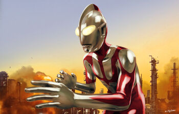 Rule 34 | 1boy, alien, artist name, collarbone, colored skin, commentary, compound eyes, dias (tajima kouki), dorsal fin, dust cloud, explosion, fighting stance, giant, giant male, glowing, glowing eyes, gradient eyes, gradient sky, hands up, hunched over, looking ahead, male focus, multicolored eyes, multicolored skin, no pupils, outdoors, red skin, shin ultraman, silver skin, sky, solo, standing, sunset, tokusatsu, toned, toned male, two-tone skin, ultra series, ultraman, ultraman (shin), upper body, white eyes, yellow eyes