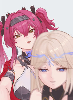 2girls 8k_u black_bow blue_eyes blurry bow cartethyia_(wuthering_waves) collar commentary_request crown_of_thorns earrings grey_background hair_between_eyes hair_bow hairband highres jewelry long_hair lupa_(wuthering_waves) metal_collar metal_hairband multiple_earrings multiple_girls multiple_hair_bows open_mouth parted_bangs pink_hair pointy_ears red_pupils simple_background smile tacet_mark_(wuthering_waves) twintails wuthering_waves yellow_eyes