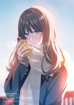 1girl black_hair black_jacket blurry blurry_background blush bottle brown_scarf brown_sweater closed_mouth commentary_request grey_eyes hanako151 holding holding_bottle jacket long_hair long_sleeves original outdoors plastic_bottle railing scarf signature sleeves_past_wrists solo sweater twitter_username upper_body