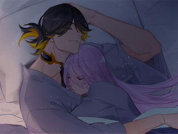 2boys adam&#039;s_apple black_hair closed_eyes closed_mouth commentary_request eyelashes hachisuka_kotetsu hug light_particles long_hair male_focus multiple_boys nagasone_kotetsu ncww_rinichi pink_hair short_hair sleeping sleeping_together touken_ranbu very_long_hair wide_sleeves yaoi