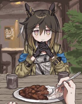 1girl 1other absurdres animal_ears brown_hair coat commentary_request cup curry curry_rice ear_covers food goggles goggles_around_neck highres holding holding_spoon horse_ears horse_girl long_hair multicolored_hair nr6nzqrcgf60864 pov pov_hands rice spoon stay_gold_(sunlit_outsider)_(umamusume) stay_gold_(umamusume) streaked_hair umamusume upper_body white_hair yellow_coat