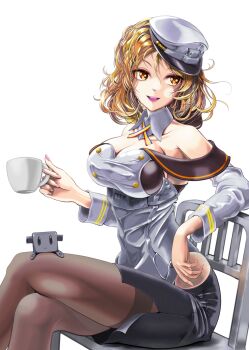 Rule 34 | 1girl, agano class no3, blonde hair, blush, breasts, brown eyes, chair, cleavage, commentary request, corset, cup, garrison cap, hat, headgear, highres, houston (kancolle), kantai collection, large breasts, long hair, long sleeves, looking at viewer, military, military uniform, naval uniform, open mouth, pantyhose, peaked cap, pencil skirt, range finder, rudder footwear, shin guards, sitting, skirt, smile, solo, teacup, tight top, yellow eyes