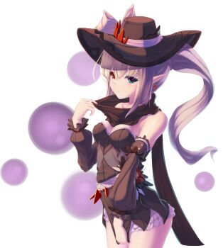 1girl bare_shoulders black_dress block_head blue_eyes bottomless breasts closed_mouth detached_sleeves dress earrings elf hand_up hat heterochromia highres jewelry long_hair long_sleeves medium_breasts original pointy_ears ponytail pulling_own_clothes red_eyes seelehan simple_background solo white_background