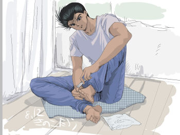 1boy applying_pedicure barefoot black_hair clipping_nails clipping_toenails denim feet hiei4455 indoors jeans male_focus nail_clippers on_floor pants shirt sitting soles solo tongue tongue_out urameshi_yuusuke white_shirt yuu_yuu_hakusho