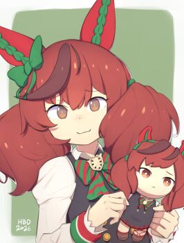 Rule 34 | 1girl, :3, animal ears, birthday, black dress, border, bow, bowtie, bright pupils, brown eyes, brown streaks, character doll, close-up, closed mouth, collared shirt, commentary, dated, diagonal-striped bow, diagonal-striped bowtie, diagonal-striped clothes, doll, dress, ear bow, ear covers, english commentary, green bow, green bowtie, green trim, hair between eyes, hair tie, happy birthday, highres, holding, holding doll, horse ears, horse girl, long sleeves, looking at viewer, medium hair, multicolored hair, nice nature (poinsettia ribbon) (umamusume), nice nature (umamusume), outside border, portrait, raised eyebrows, red bow, red bowtie, red hair, red trim, shirt, smile, snowcrab83, solo, streaked hair, striped bow, striped bowtie, striped clothes, twintails, umamusume, white border, white shirt