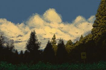 bird blue_sky cloud cloudy_sky commentary_request dusk flock forest gensuke_(ryun) highres nature no_humans original outdoors plant scenery shadow sign sky sunlight tree