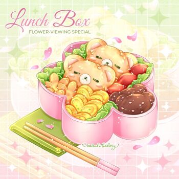 Rule 34 | animal-themed food, artist name, bear, bento, cherry tomato, chocomiruki, chopsticks, english text, food, food focus, gradient background, green background, grid background, hamburger steak, hanami, heart, heart-shaped food, lettuce, light particles, napkin, no humans, omelet, onigiri, original, petals, pink background, sesame seeds, sparkle, spring (season), tamagoyaki, tomato, zoom layer