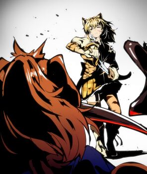 2girls absurdres animal_print black_hair bleeding blood blood_on_face boots brown_hair cellien_(kemono_friends) elbow_gloves empty_eyes gloves hair_between_eyes half-closed_eye high_contrast highres holding holding_sheath holding_sword holding_weapon injury kemono_friends kemono_friends_3 long_hair looking_at_another mammoth_(kemono_friends) miniskirt multiple_girls one_eye_closed print_gloves print_skirt print_thighhighs puffy_short_sleeves puffy_sleeves riri_(dgra3272) scabbard scratches sheath shirt short_sleeves skirt smilodon_(kemono_friends) solo_focus sword thighhighs torn_clothes unsheathing walking weapon white_hair zettai_ryouiki