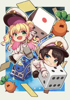 2girls absurdres alternate_costume blonde_hair blue_eyes border brown_hair brown_shoes chibi commentary_request crossed_bangs dice double_bun fang floating gloves gradient_hair green_eyes grin hair_bun hat highres holding holding_dice hololive jacket long_hair looking_at_viewer military military_uniform momosuzu_nene momotarou_densetsu multicolored_hair multiple_girls nekko_(momosuzu_nene) oozora_subaru open_mouth outside_border pants peaked_cap pink_hair ral_(ralf) shoes short_hair sidelocks skin_fang smile train train_conductor two_side_up virtual_youtuber white_border white_gloves white_hat white_jacket white_pants