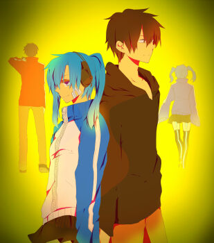 1boy 1girl aoi_choko_(aoichoco) back-to-back black_hair blue_hair dual_persona ene_(kagerou_project) headphones highres kagerou_project kisaragi_shintarou long_hair monaco0704 short_hair tears twintails
