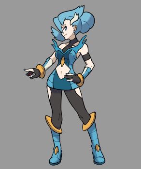 1girl absurdres alternate_costume alternate_hairstyle armband bare_shoulders black_gloves black_pantyhose blue_boots blue_dress blue_eyes blue_nails boots clair_(pokemon) clothing_cutout cosplay dress ear_piercing earrings eyeshadow fingernails full_body gen_2_pokemon gloves grey_background grin hand_on_own_hip highres holding holding_poke_ball jewelry kingdra kingdra_(cosplay) knee_boots leg_cutout looking_at_viewer makeup nail_polish navel navel_cutout nintendo pantyhose pantyhose_cutout partially_fingerless_gloves piercing poke_ball poke_ball_(basic) pokemon pokemon_hgss pokemon_masters_ex profile purple_eyeshadow rgreywind short_dress sideways_glance simple_background smile solo sphere_earrings standing strapless strapless_dress thigh_cutout