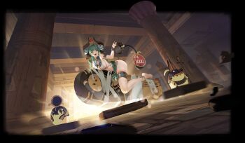 1girl absurdres ancient_egyptian ancient_egyptian_architecture ancient_egyptian_clothes anklet armlet azur_lane bandages bare_shoulders barefoot braid breasts cleavage coffin cross-shaped_pupils green_hair heads-up_display highres holding holding_kettle horns indoors jewelry kettle large_breasts long_hair looking_at_viewer manjuu_(azur_lane) navel non-web_source official_alternate_costume official_art open_mouth raffaello_(azur_lane) raffaello_(protector_of_love_and_beauty)_(azur_lane) skindentation smile solo symbol-shaped_pupils thigh_strap thighs usekh_collar user_interface very_long_hair yellow_eyes