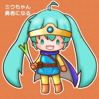 absurdres ahoge alternate_costume aqua_eyes aqua_hair belt belt_pouch blue_cape blue_vest boots brown_belt brown_gloves cape chibi chibi_only fang fantasy food full_body gloves hatsune_miku highres holding holding_food holding_spring_onion holding_vegetable looking_at_viewer open_mouth outline pouch sh1n_chan smile spring_onion standing twintails vegetable vest vocaloid white_outline