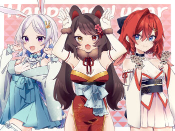 3girls :3 :d alternate_costume ange_katrina animal_ears arm_ribbon armpits arms_up ascot ayuko_ammobium bare_shoulders black_bow black_sash blue_bow blue_bowtie blue_eyes blue_hair blue_sash blue_skirt border bow bowtie bracelet braid braided_sidelocks breasts brown_hair china_dress chinese_clothes closed_mouth collared_shirt colored_inner_hair commentary_request detached_sleeves dog_ears dot_nose dress egasumi elbow_gloves fangs floral_print_gloves flower fur_bracelet fur_collar gloves gold_trim groin group_picture hair_between_eyes hair_bow hair_flower hair_ornament hairclip halter_dress halter_shirt halterneck hands_up happy_new_year heterochromia high-waist_skirt highres inui_toko japanese_clothes jewelry kemonomimi_mode kimono lace lace_gloves light_blush lize_helesta long_hair long_sleeves looking_at_viewer lop_rabbit_ears medium_hair miniskirt multicolored_hair multiple_girls new_year nijisanji obi obijime off_shoulder open_clothes open_kimono open_mouth outside_border parted_bangs paw_pose pink_background pink_flower pink_skirt pleated_skirt print_dress print_kimono print_sash purple_eyes rabbit_ears rabbit_hair_ornament rabbit_pose red_dress red_eyes red_hair red_ribbon ribbon sanbaka_(nijisanji) sash shirt sidelocks single_braid single_hair_intake skirt small_breasts smile streaked_hair swept_bangs thighhighs triangle_background twintails two-tone_hair unmoving_pattern very_long_hair virtual_youtuber white_ascot white_border white_gloves white_hair white_kimono white_shirt white_sleeves yellow_eyes zettai_ryouiki