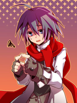 1boy ahoge almaz_von_almadine_adamant bad_id bad_pixiv_id black_hair blue_eyes disgaea gloves gradient_background halftone halftone_background makai_senki_disgaea_3 male_focus open_mouth red_scarf scarf shadow shigemori_mifune sidelocks solo